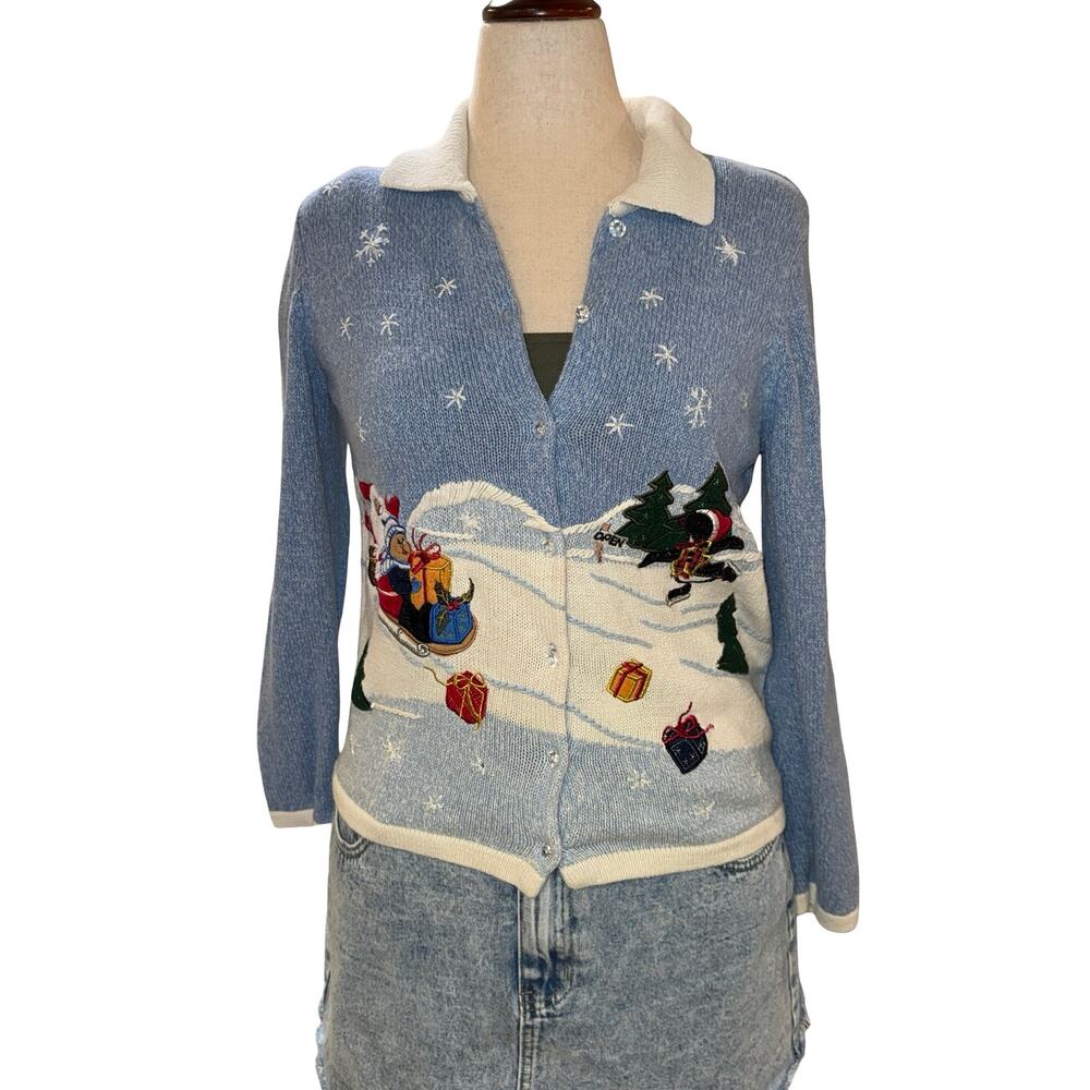 Vintage 90s White Stag Embroidered Christmas‎ Tree Cardigan Sweater size Medium